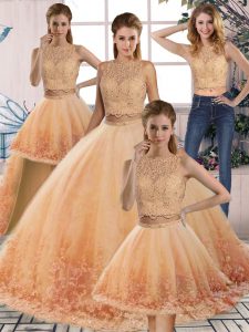Best Gold and Peach Sleeveless Sweep Train Lace Sweet 16 Dress