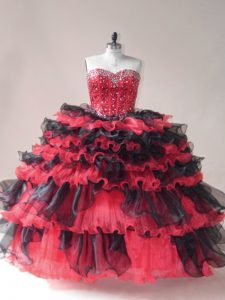 Beautiful Ball Gowns Quince Ball Gowns Red And Black Sweetheart Organza Sleeveless Floor Length Lace Up