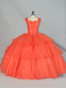 Ball Gowns Ball Gown Prom Dress Orange Red Straps Organza Sleeveless Floor Length Lace Up