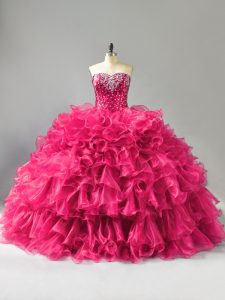 Custom Design Hot Pink Sleeveless Beading and Ruffles Floor Length 15th Birthday Dress