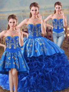 Glorious Royal Blue Ball Gowns Embroidery and Ruffles Sweet 16 Dress Lace Up Fabric With Rolling Flowers Sleeveless Floor Length