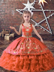 Dramatic Floor Length Orange Red Little Girls Pageant Gowns Straps Sleeveless Lace Up