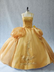 Perfect Gold Ball Gowns Straps Sleeveless Organza Floor Length Lace Up Appliques Quinceanera Gown