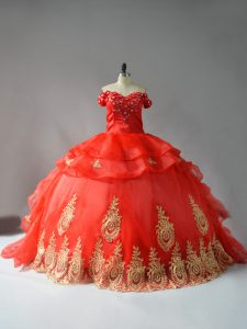 Red Sleeveless Court Train Appliques and Hand Made Flower Quinceanera Gowns