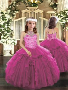 Fantastic Tulle Sleeveless Floor Length Kids Pageant Dress and Beading and Ruffles