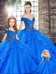 Adorable Royal Blue Off The Shoulder Neckline Beading and Ruffles Quinceanera Gown Sleeveless Lace Up