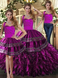 Dazzling Fuchsia Sleeveless Floor Length Embroidery and Ruffles Lace Up Ball Gown Prom Dress