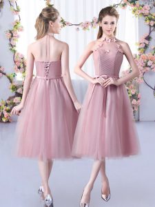 On Sale Tea Length Lace Up Quinceanera Court of Honor Dress Pink for Wedding Party with Appliques and Belt