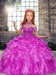 Discount Beading and Ruffles Pageant Gowns For Girls Lilac Lace Up Sleeveless Floor Length