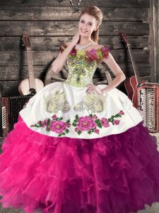 Extravagant Embroidery and Ruffles Ball Gown Prom Dress Fuchsia Lace Up Sleeveless Floor Length