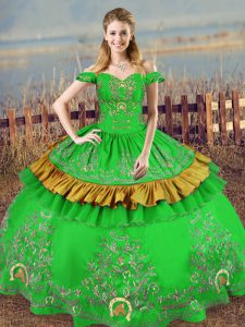 High Quality Ball Gowns Quinceanera Dresses Green Off The Shoulder Satin Sleeveless Floor Length Lace Up