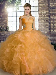 Orange Sweet 16 Dress Military Ball and Sweet 16 and Quinceanera with Beading and Ruffles Off The Shoulder Sleeveless Lace Up