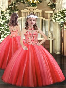Beauteous Sleeveless Floor Length Appliques Lace Up Kids Formal Wear with Coral Red