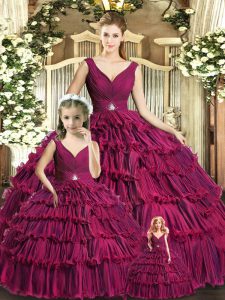 Burgundy 15th Birthday Dress Sweet 16 and Quinceanera with Ruffled Layers V-neck Sleeveless Backless