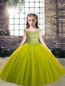 Olive Green Tulle Lace Up Kids Formal Wear Sleeveless Floor Length Beading and Appliques