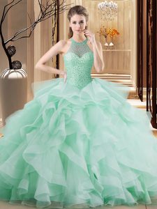Apple Green Ball Gowns Organza Halter Top Sleeveless Beading and Ruffles Lace Up Vestidos de Quinceanera Brush Train