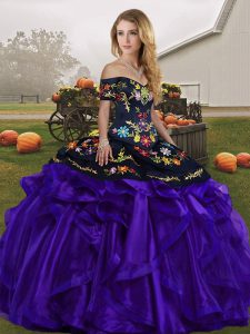 Black And Purple Ball Gowns Off The Shoulder Sleeveless Organza Floor Length Lace Up Embroidery and Ruffles Quinceanera Gowns