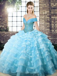 Clearance Aqua Blue Ball Gowns Beading and Ruffled Layers Sweet 16 Dress Lace Up Organza Sleeveless