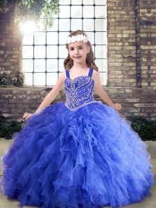 Custom Fit Sleeveless Tulle Floor Length Lace Up Kids Pageant Dress in Blue with Beading and Ruffles