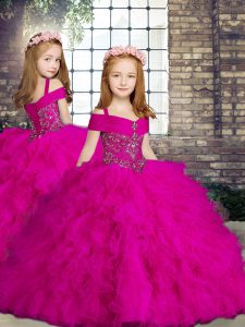 Discount Fuchsia Sleeveless Beading and Ruffles Floor Length Little Girls Pageant Dress