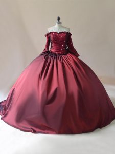 Burgundy Satin Lace Up Quinceanera Gowns Long Sleeves Brush Train Beading