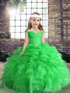 Nice Organza Straps Sleeveless Lace Up Beading and Ruffles Child Pageant Dress in Green