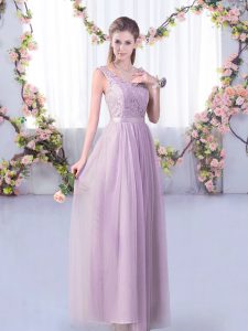 Designer Lavender V-neck Neckline Lace and Belt Dama Dress for Quinceanera Sleeveless Side Zipper