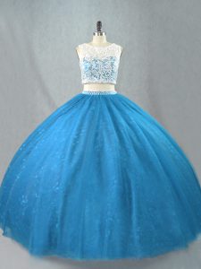 Beautiful Blue Scoop Neckline Beading 15 Quinceanera Dress Sleeveless Zipper