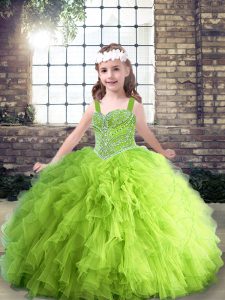 Straps Sleeveless Kids Pageant Dress Floor Length Beading and Ruffles Tulle