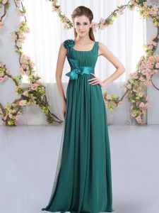 Exquisite Peacock Green Sleeveless Belt and Hand Made Flower Floor Length Dama Dress for Quinceanera