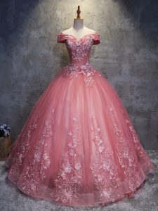Spectacular Watermelon Red Sleeveless Tulle Lace Up Quinceanera Dresses for Military Ball and Sweet 16 and Quinceanera