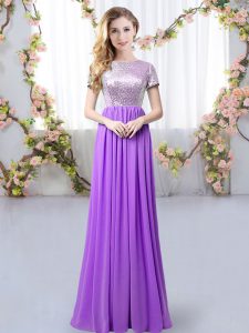Floor Length Purple Court Dresses for Sweet 16 Scoop Short Sleeves Zipper