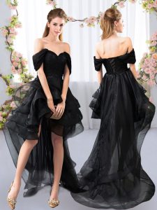 Low Price Black Lace Up Off The Shoulder Lace and Ruffled Layers Court Dresses for Sweet 16 Tulle Short Sleeves