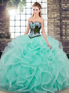 Most Popular Lace Up Quince Ball Gowns Aqua Blue for Military Ball and Sweet 16 and Quinceanera with Embroidery and Ruffles Sweep Train