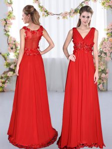 V-neck Sleeveless Chiffon Court Dresses for Sweet 16 Beading and Appliques Side Zipper