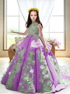 Inexpensive High-neck Sleeveless Pageant Dress Womens Court Train Appliques Lilac Satin