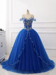 Brush Train Ball Gowns Quince Ball Gowns Royal Blue Off The Shoulder Tulle Sleeveless Lace Up