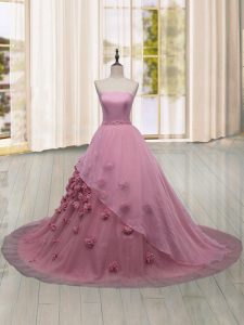 Custom Made Pink Lace Up Quinceanera Gowns Hand Made Flower Sleeveless Brush Train