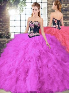 Ball Gowns 15th Birthday Dress Fuchsia Sweetheart Tulle Sleeveless Floor Length Lace Up