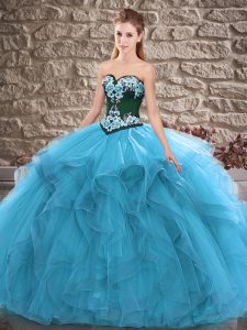 On Sale Sleeveless Tulle Floor Length Lace Up Quinceanera Dress in Blue with Beading and Embroidery