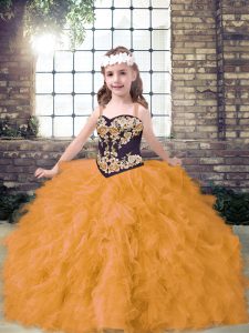 Gold Straps Lace Up Embroidery and Ruffles Pageant Dress Wholesale Sleeveless