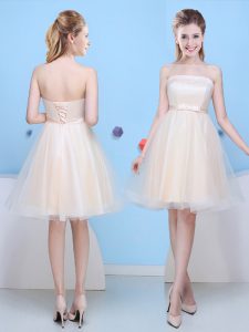 Stunning Champagne Strapless Neckline Bowknot Court Dresses for Sweet 16 Sleeveless Lace Up