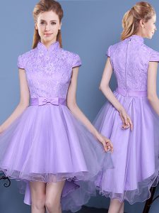 Latest Tulle High-neck Short Sleeves Zipper Lace and Bowknot and Belt Dama Dress for Quinceanera in Lavender