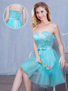 Elegant Aqua Blue Sweetheart Neckline Lace and Appliques and Bowknot Dama Dress Sleeveless Lace Up