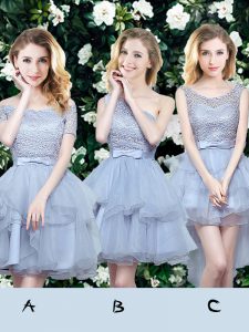 Off the Shoulder Grey Sleeveless Lace and Ruffles and Belt Mini Length Damas Dress