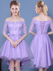 Ideal Off the Shoulder Half Sleeves High Low Lace Up Vestidos de Damas Lavender for Prom and Party and Wedding Party with Lace and Bowknot and Belt