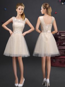 New Arrival Scoop Champagne A-line Lace and Appliques and Belt Quinceanera Court of Honor Dress Lace Up Tulle Sleeveless Mini Length