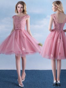 Scoop Cap Sleeves Court Dresses for Sweet 16 Knee Length Appliques and Belt Pink Tulle