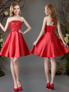 Super Red A-line Strapless Sleeveless Satin Mini Length Lace Up Appliques and Bowknot Court Dresses for Sweet 16