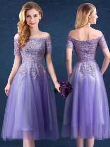 Luxurious Lavender Quinceanera Dama Dress Prom and Party and Wedding Party and For with Beading and Lace Off The Shoulder Short Sleeves Zipper